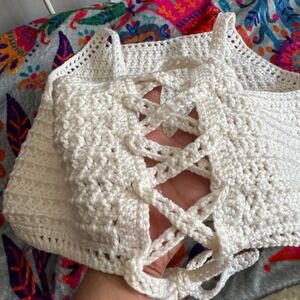 Handmade Ivory Crochet Crop Top Lace Up Corset Back Boho Festival Cream Camisole